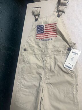 OshKosh B'gosh Khaki Overalls with Red & Blue Flag Accent